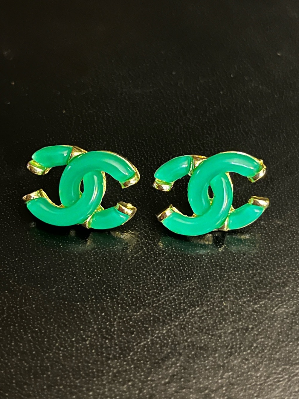 ChaneI Lucite Green Gold Tone Letter Logo Stud Earrings